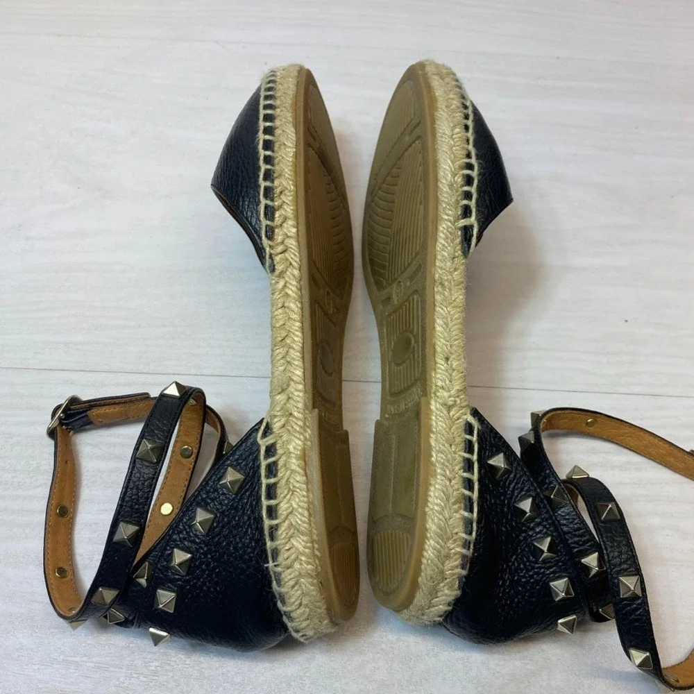 Maypol Womens 38 Espadrille Sandals Studded Ankle Strap Black Leather Flat Spain
